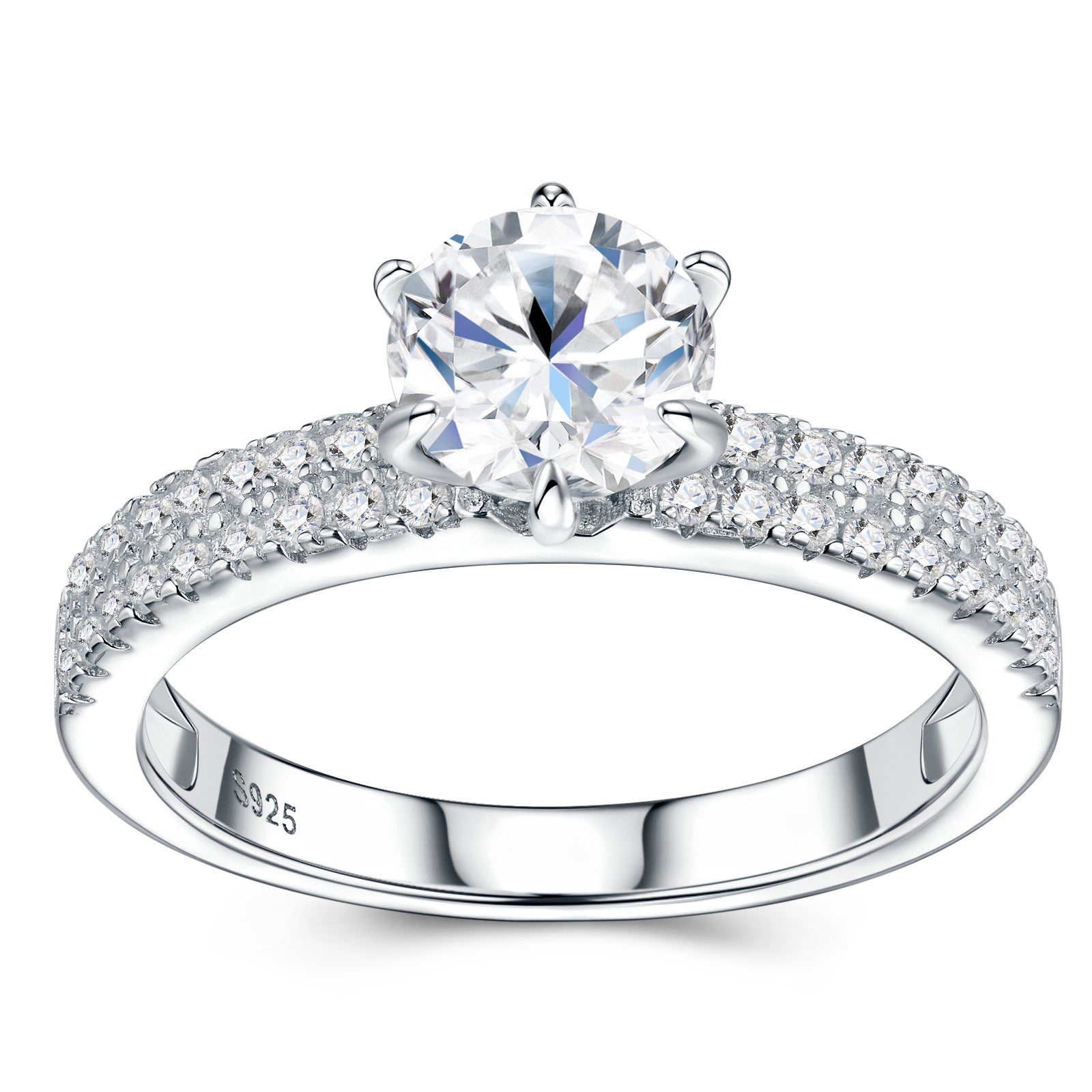 Symmetrical studio view of a platinum plated round cut moissanite solitaire ring with double row pave shank and six-prong mount.