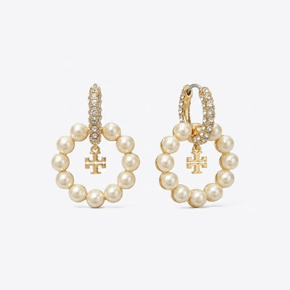 White background pure e-commerce studio view of premium designer style white pearl logo charm hoop earrings.