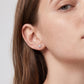 Close-up view of princess cut lab diamond solitaire stud earring on earlobe.