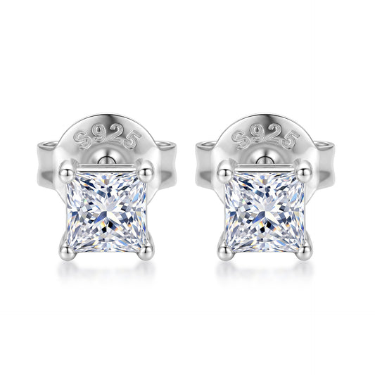 Princess cut lab grown diamond solitaire stud earrings in 925 sterling silver.