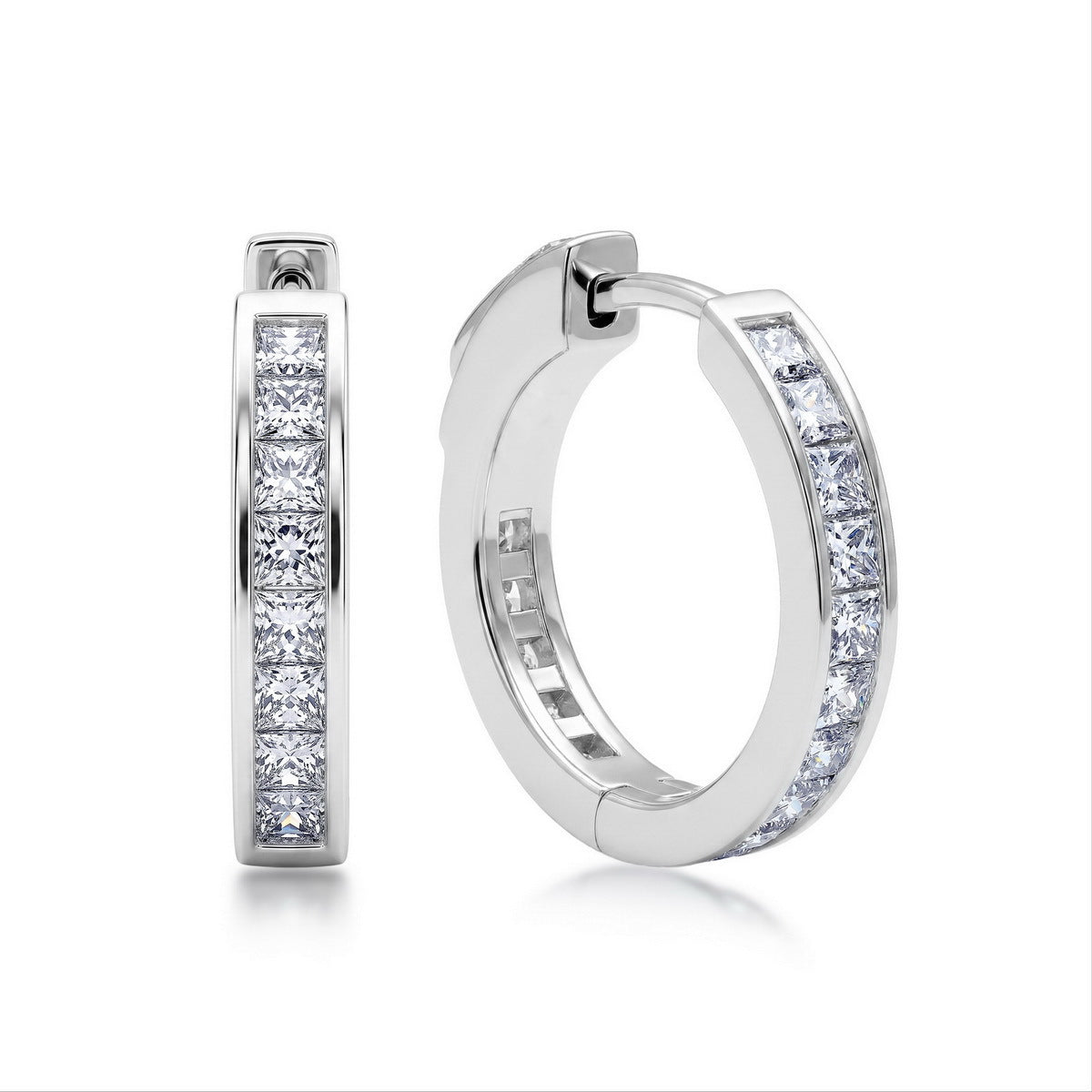 Princess cut moissanite channel set huggie hoop earrings in sterling silver isolated on white background