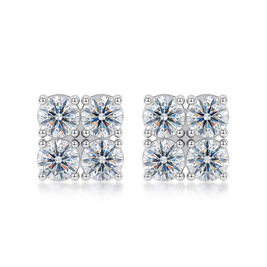 Quad moissanite cluster stud earrings featuring 4-stone square arrangement in 925 silver.