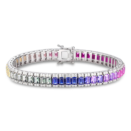 Rainbow emerald cut multi-color gemstone tennis bracelet with double pave borders in 925 silver.