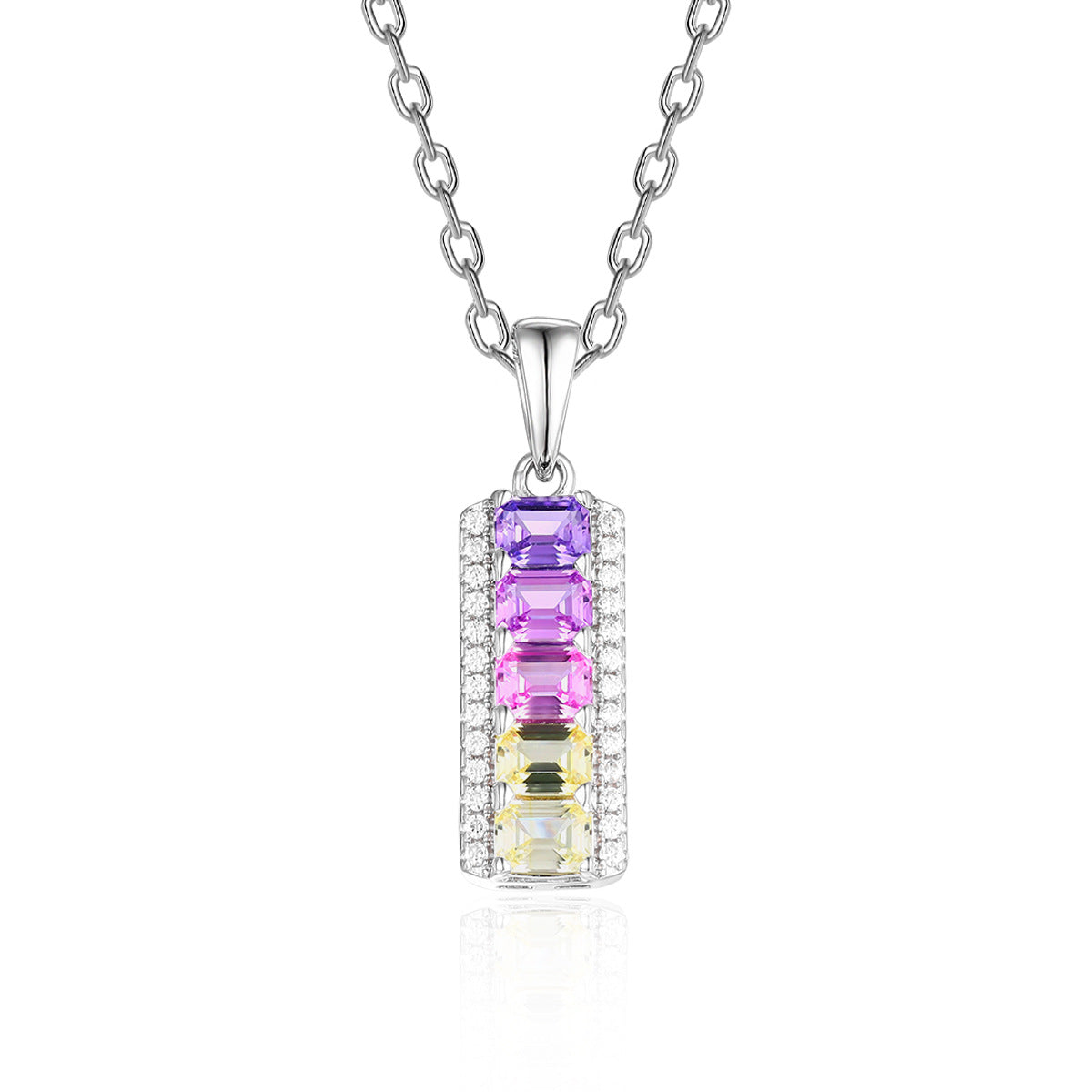 Rainbow emerald cut multi-color gemstone vertical bar pendant necklace with pave borders in 925 silver.