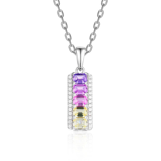 Rainbow emerald cut multi-color gemstone vertical bar pendant necklace with pave borders in 925 silver.
