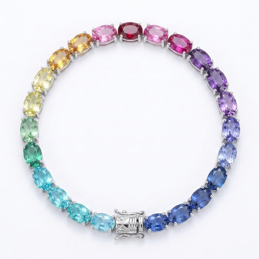 Rainbow oval cut multi-color gemstone tennis bracelet with box clasp in 925 silver.