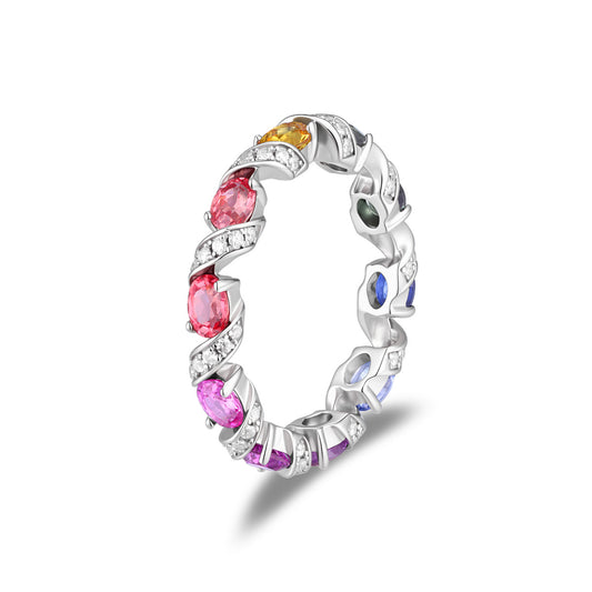 Rainbow oval cut multi-color moissanite twisted eternity band ring in 925 sterling silver.