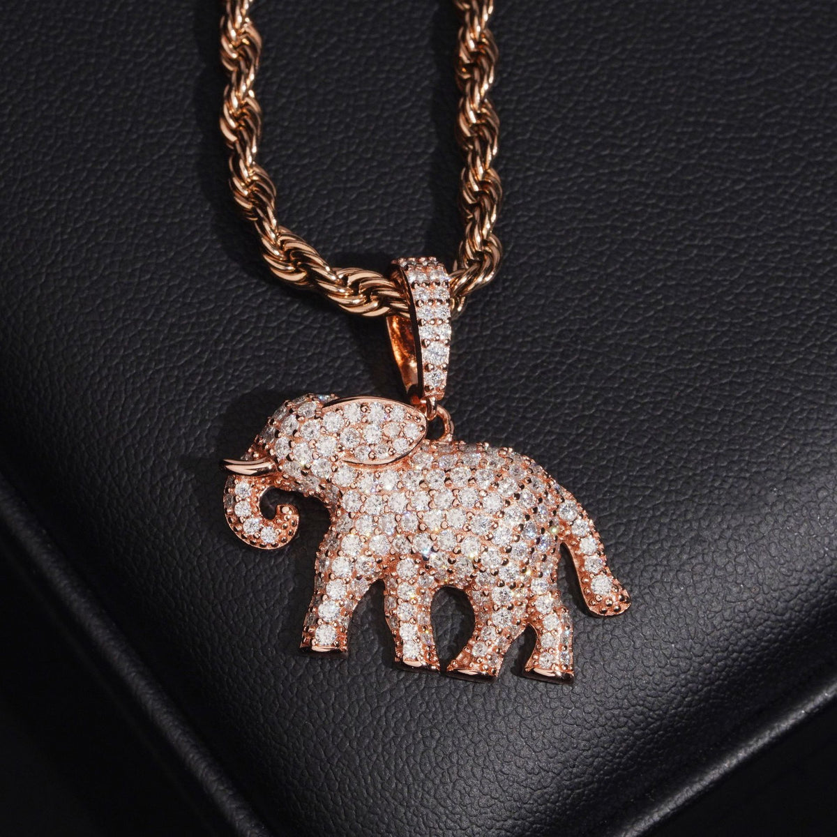 Rose gold S925 sterling silver iced out moissanite elephant pendant with rope chain on leather display box