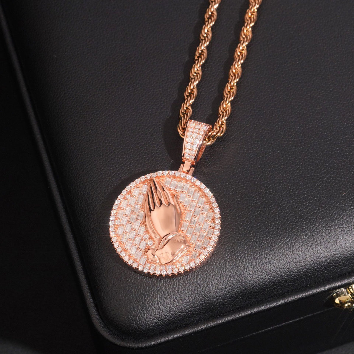 Rose gold 925 sterling silver iced out moissanite praying hands medallion pendant with rope chain on leather display box
