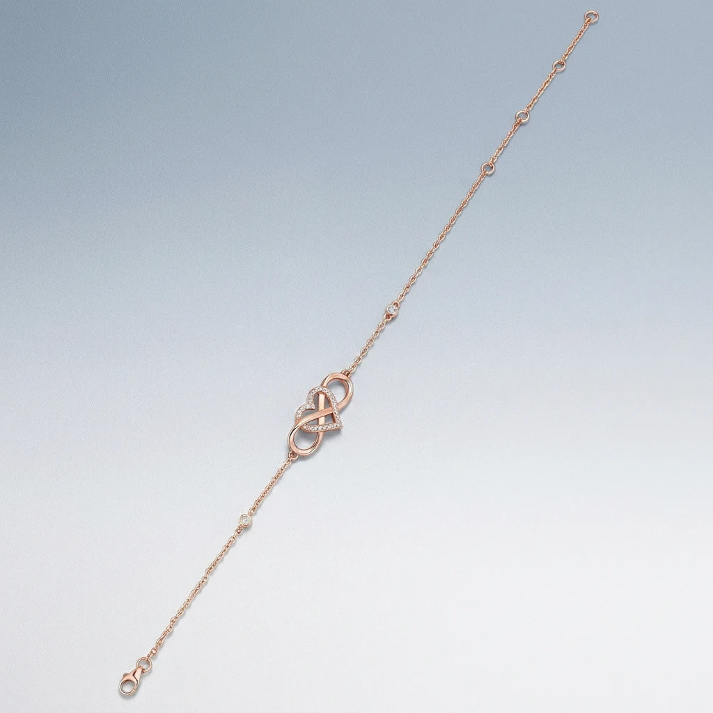 Full layout view of rose gold infinity heart moissanite bracelet with extension chain.