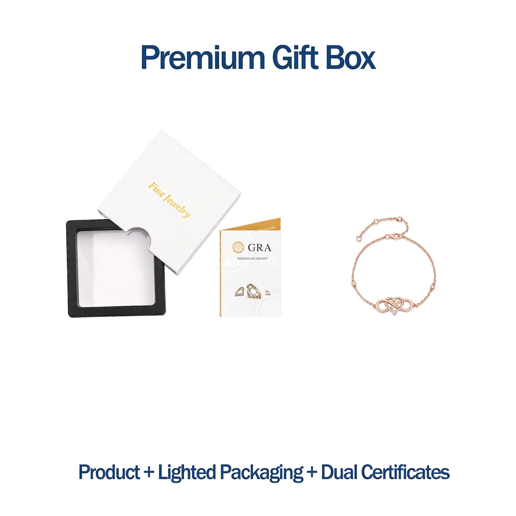 Premium lighted presentation box and dual authenticity certificates for rose gold infinity heart moissanite bracelet.
