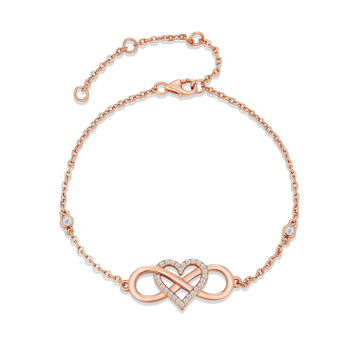 Rose gold infinity heart pavé moissanite station chain bracelet in 925 sterling silver.
