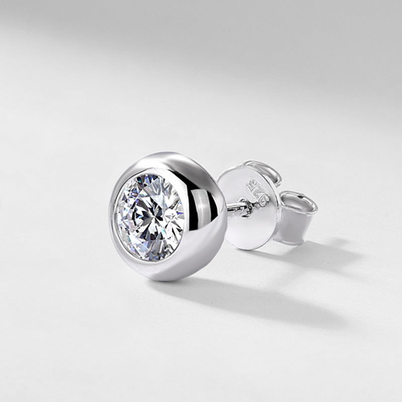Perspective view of single round bezel set diamond stud earring with post.
