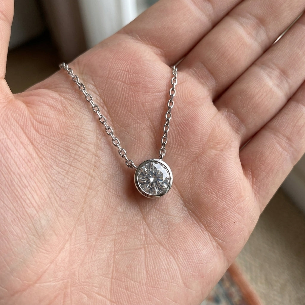 Hand holding round bezel set lab grown diamond solitaire pendant necklace showing smooth metal edge.