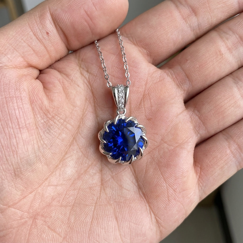 Blue gemstone pendant on a chain held in a hand