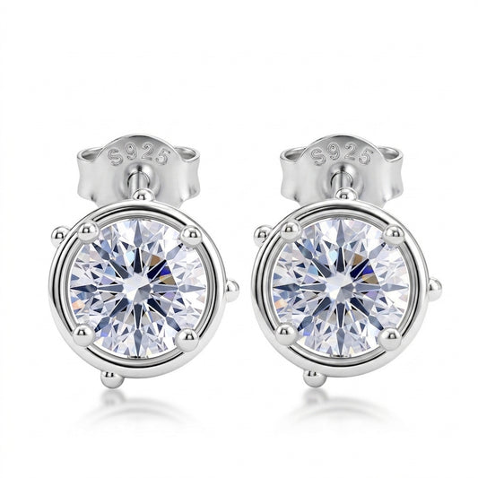 Round brilliant lab grown diamond framed solitaire stud earrings in 925 silver.