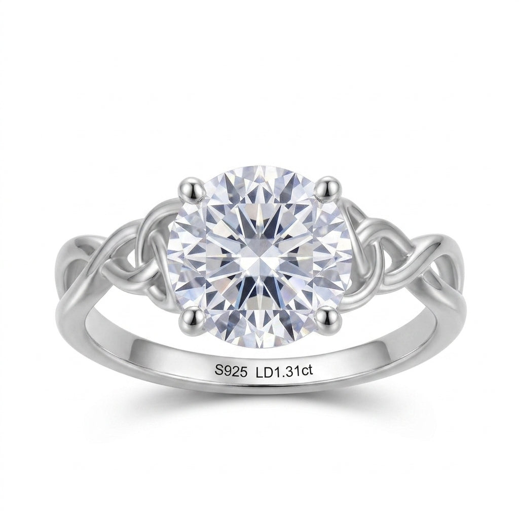 Round brilliant lab grown diamond woven infinity solitaire ring in 925 silver.