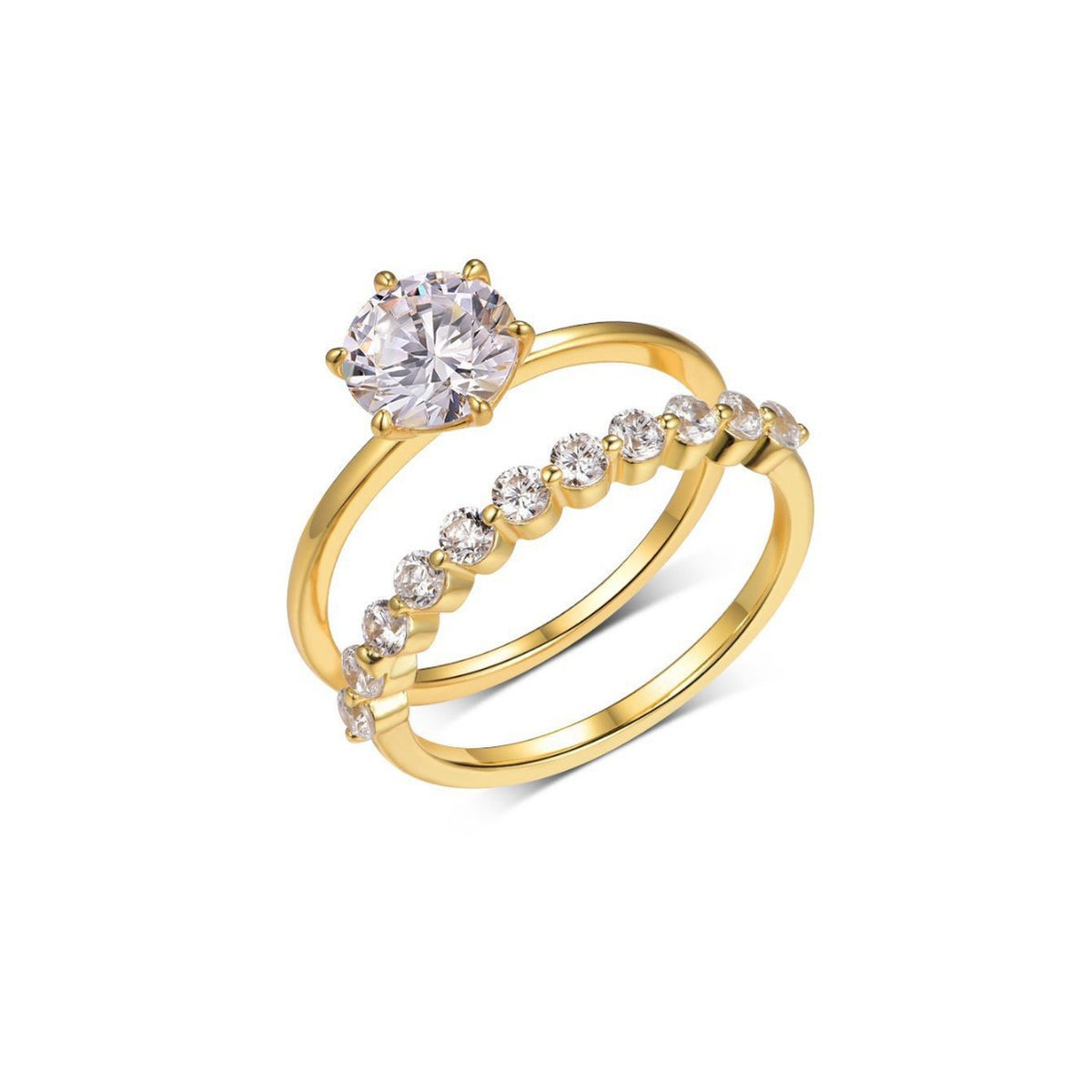 Round brilliant moissanite 6 prong crown solitaire and bubble band stacking ring set in 18K gold plated silver.