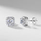 Angled view of cushion halo stud earrings showing stone basket and friction backs.