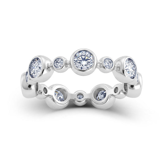 Round cut lab diamond bezel set alternating bubble eternity band ring in 925 sterling silver.
