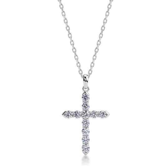 Round cut lab grown diamond classic cross pendant necklace in 925 sterling silver.