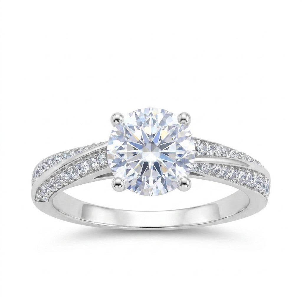 Round cut lab grown diamond double row pavé engagement ring in 925 silver.