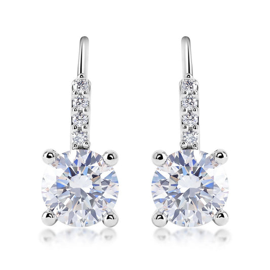 Round cut lab grown diamond solitaire leverback drop earrings in 925 sterling silver.