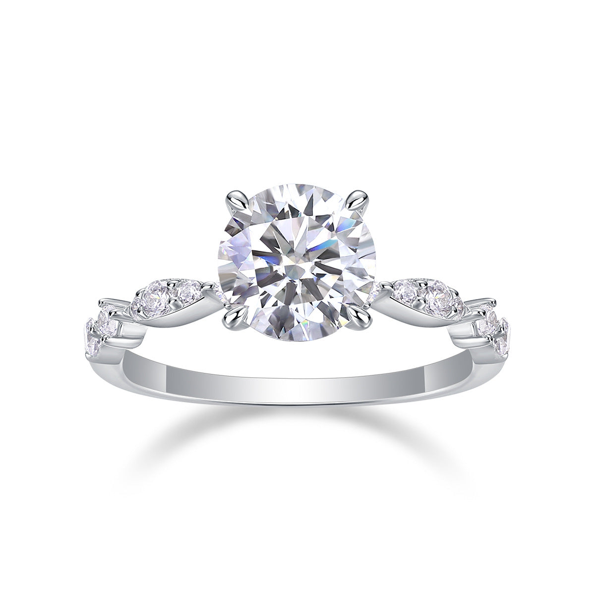 Round cut moissanite engagement ring with marquise leaf station shank on white background.