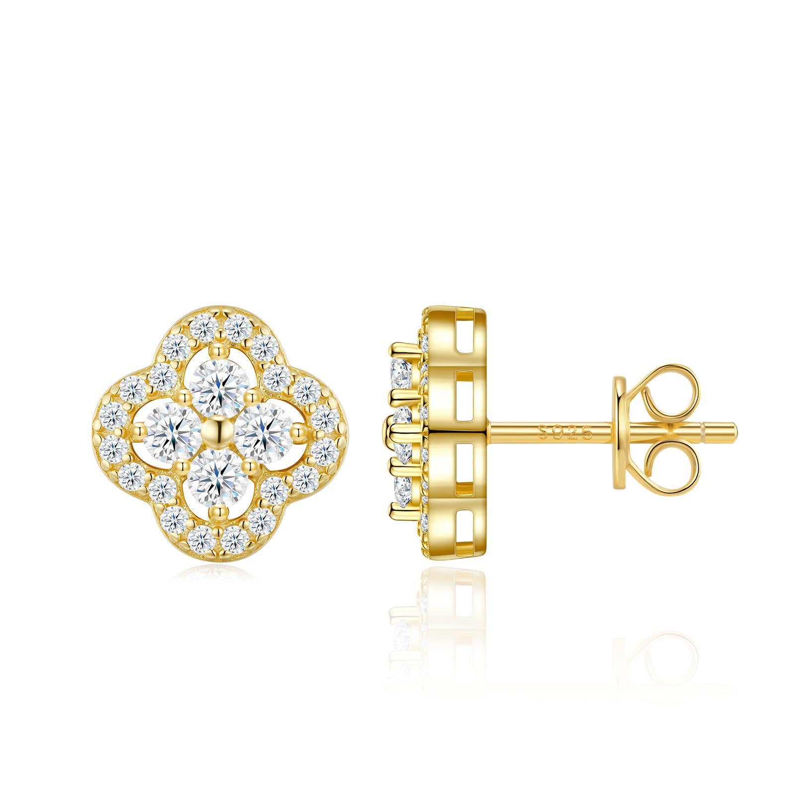 Gold round cut moissanite four-leaf clover cluster halo stud earrings on white background.