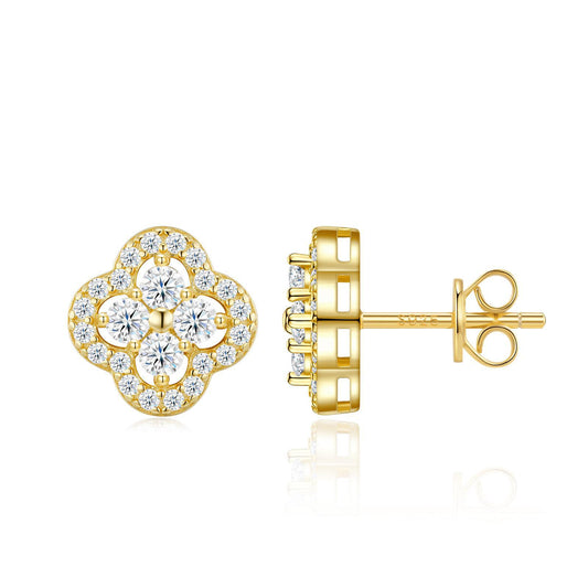 Gold round cut moissanite four-leaf clover cluster halo stud earrings on white background.