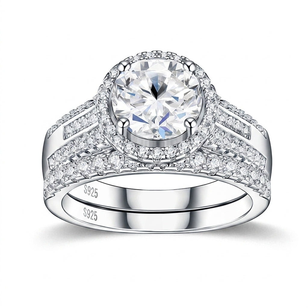 Round cut moissanite halo engagement ring with multi-row pave matching band on white background.