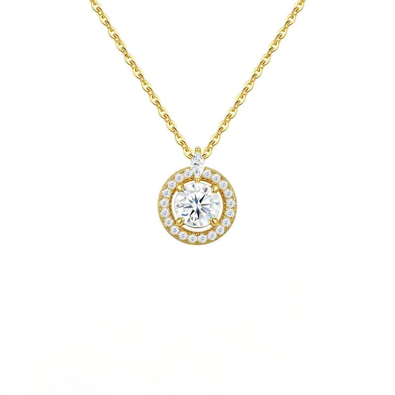 Gold round cut moissanite halo pendant necklace with marquise accent bail on white background.