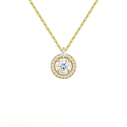 Gold round cut moissanite halo pendant necklace with marquise accent bail on white background.