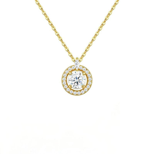 Gold round cut moissanite halo pendant necklace with marquise accent bail on white background.