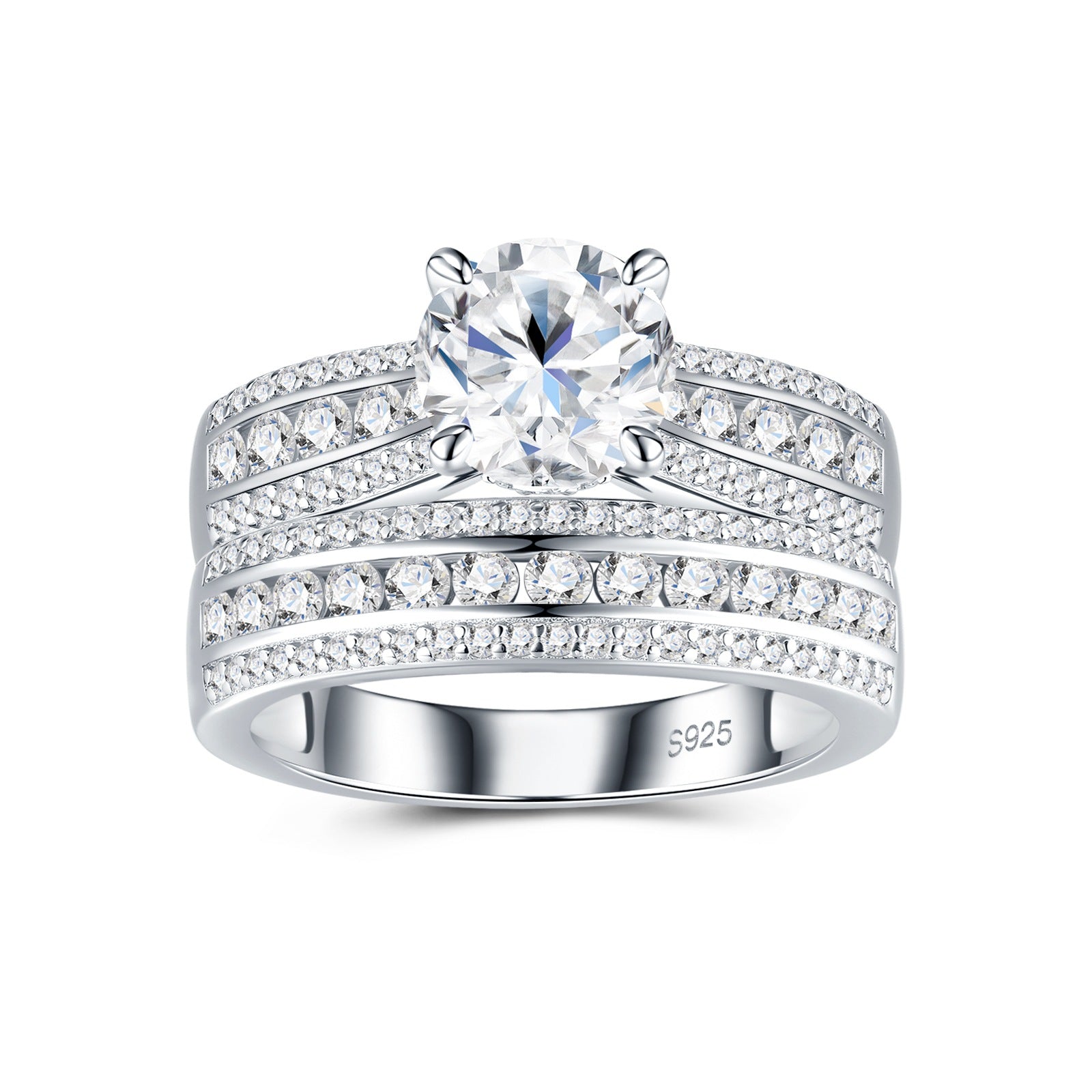 Round cut moissanite bridal ring set with multi-row pave band on white background.