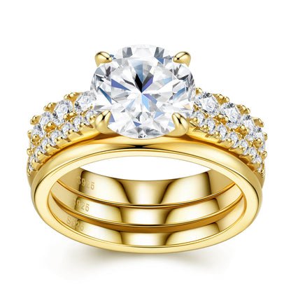 Round cut moissanite solitaire double pavé ring set in 18k yellow gold plated 925 sterling silver.
