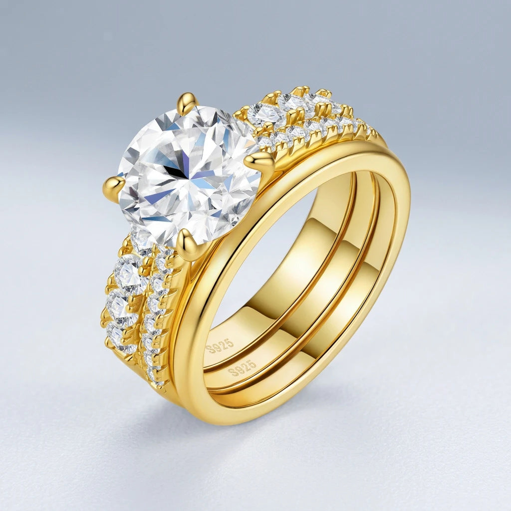 Angled side view of 3-in-1 round moissanite solitaire double pavé ring set.
