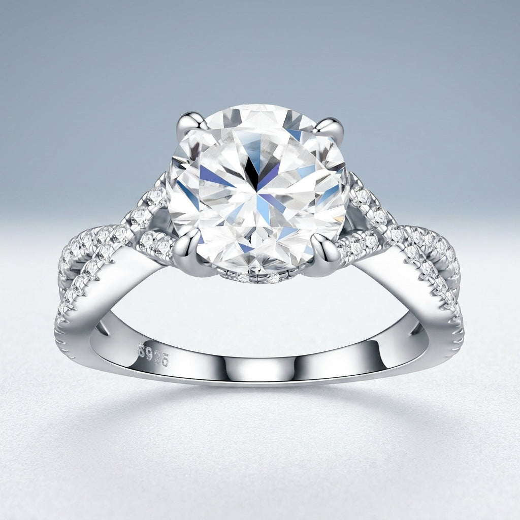 Round cut moissanite twisted vine engagement ring in 925 sterling silver, front view showcasing brilliant center stone.