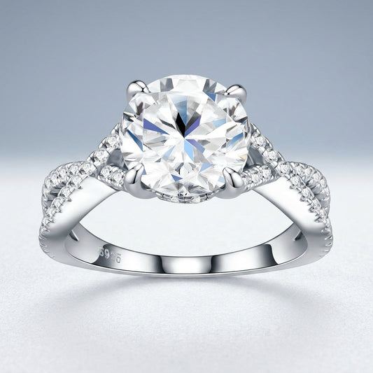 Round cut moissanite twisted vine engagement ring in 925 sterling silver, front view showcasing brilliant center stone.