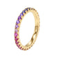 Gold round cut rainbow gradient pave eternity band ring with colorful gemstones on white background