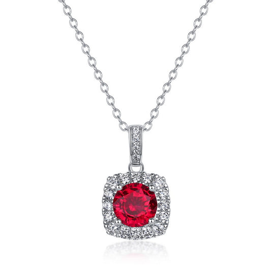 Elegant round-cut ruby square frame pendant necklace with a brilliant diamond halo on a sterling silver chain.