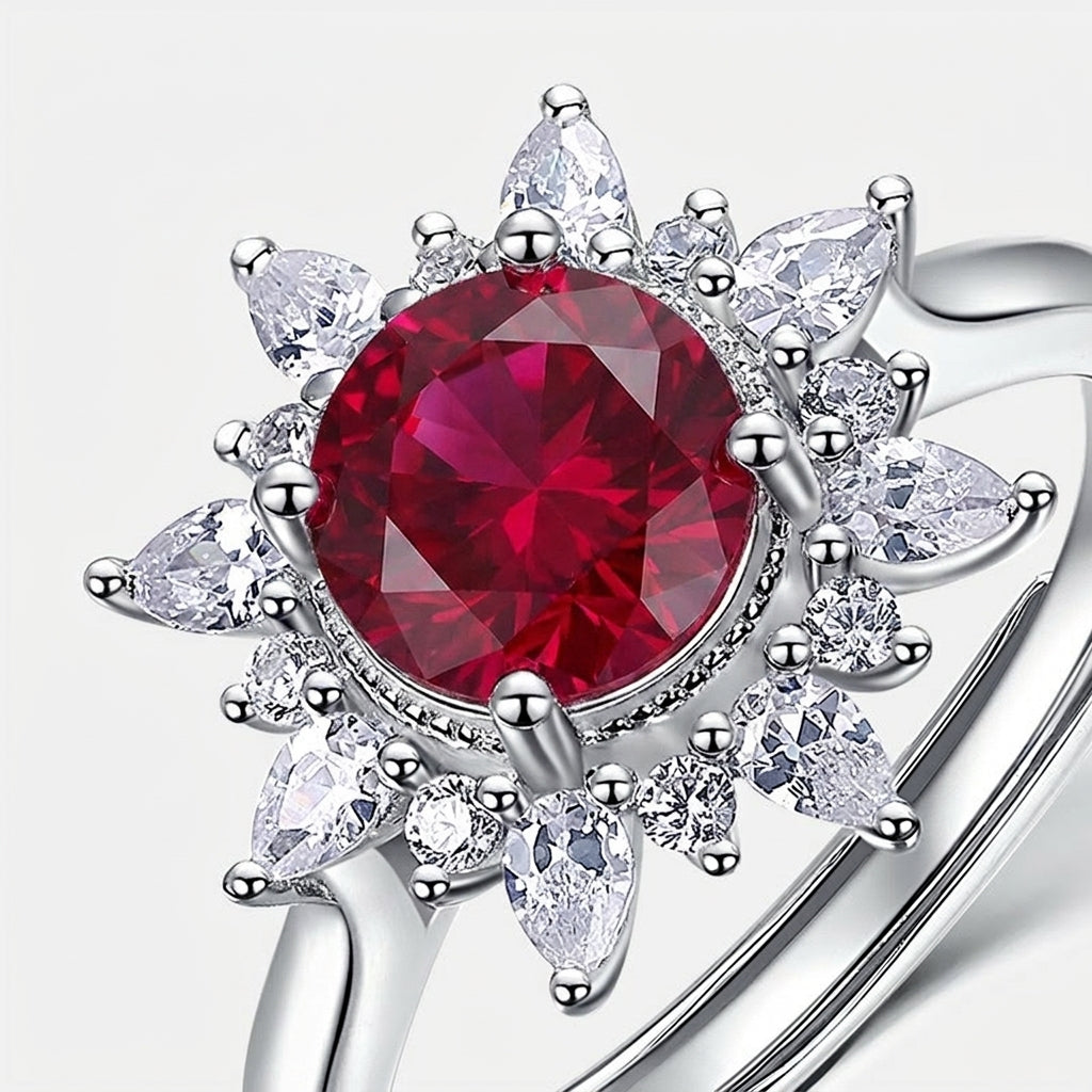 Silver ring with a red gemstone and diamond accents on a white background