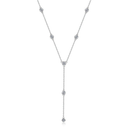 Round cut diamond bezel-set station Y-necklace with lariat drop chain in 925 silver.