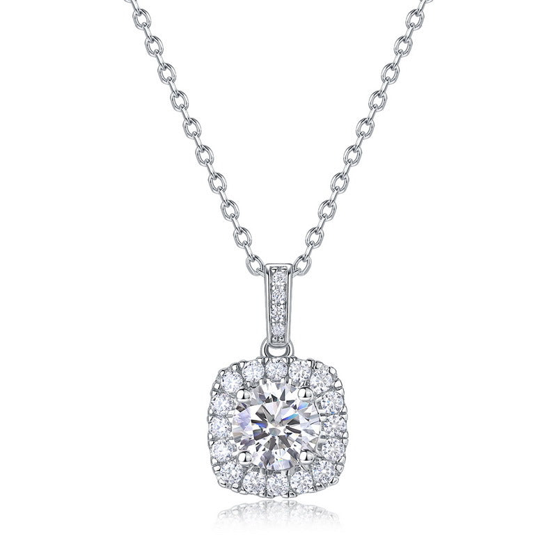 Round diamond cushion halo pendant necklace with pave bail in sterling silver.