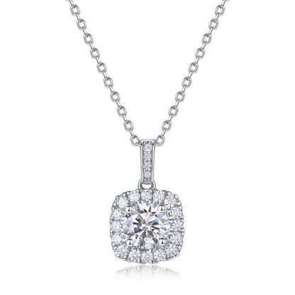 Round diamond cushion halo pendant necklace with pave bail in sterling silver.