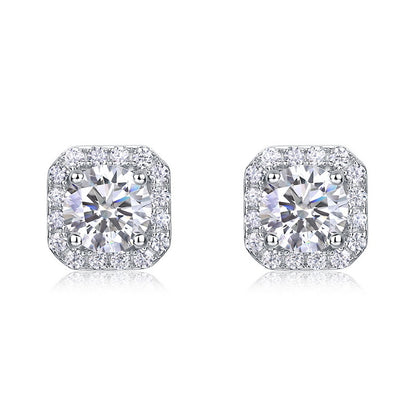 Round diamond cushion-shaped pavé halo stud earrings in 925 sterling silver.