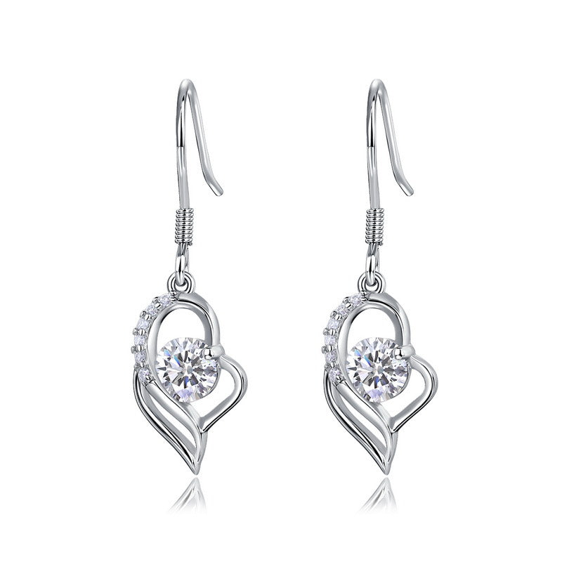 Pair of round cut diamond floating open heart dangle drop earrings with French wires in 925 silver.