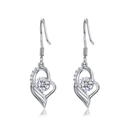 Pair of round cut diamond floating open heart dangle drop earrings with French wires in 925 silver.