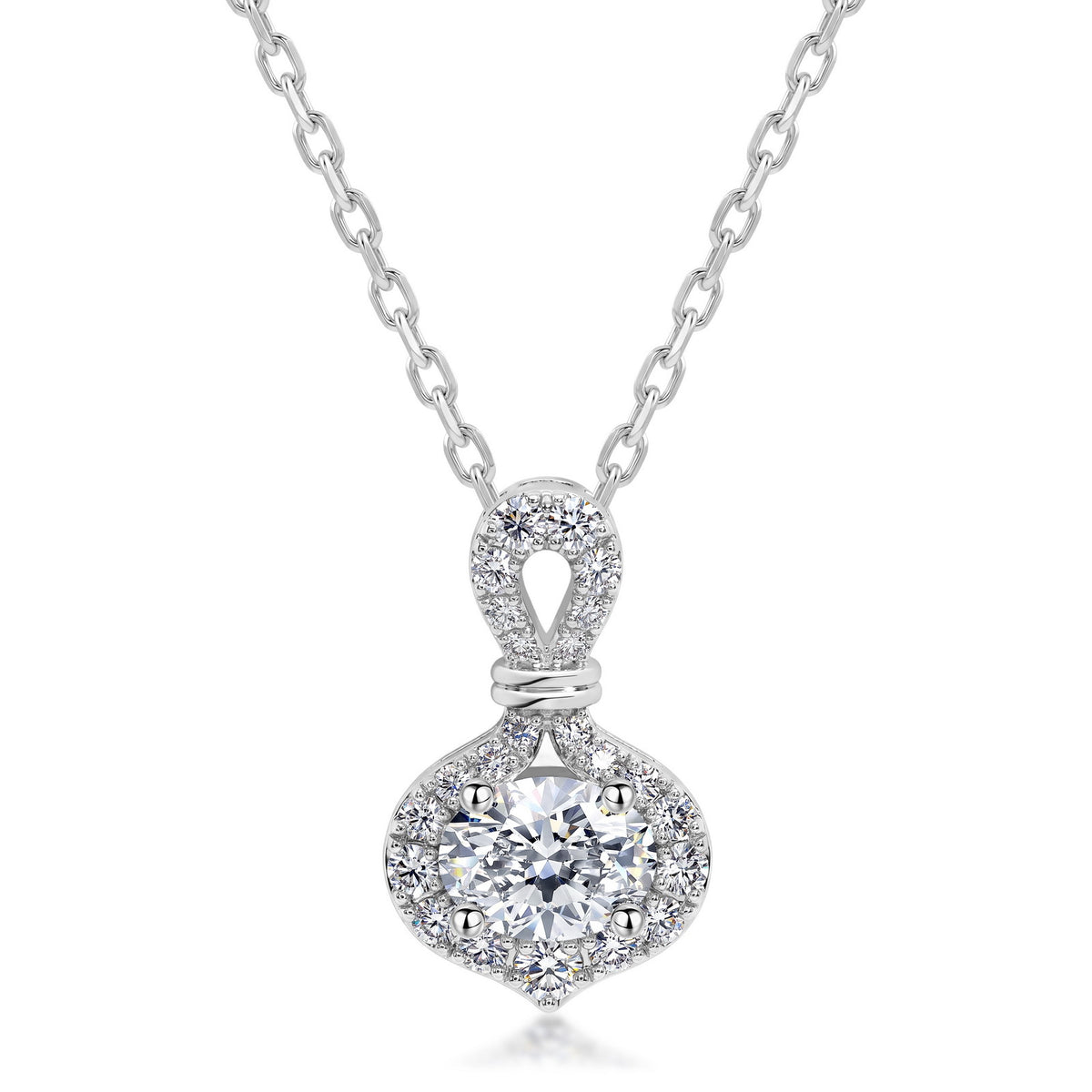 Round diamond infinity knot halo pendant necklace in platinum-plated 925 sterling silver.