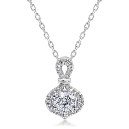 Round diamond infinity knot halo pendant necklace in platinum-plated 925 sterling silver.